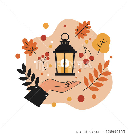 Hand holding autumn lantern with fall leaves and berries vector illustration Hand holding autumn lantern with fall leaves and berries vector illustration 128990135