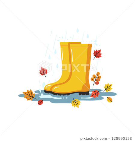 Yellow Rain Boots with Autumn Leaves and Rain Drops Vector Illustration Yellow Rain Boots with Autumn Leaves and Rain Drops Vector Illustration 128990138