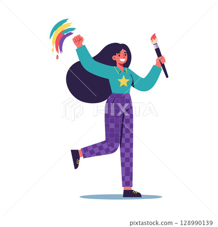Woman painting colorful rainbow strokes with brush in joyful creative moment vector illustration Woman painting colorful rainbow strokes with brush in joyful creative moment vector illustration 128990139