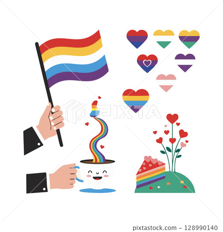 Rainbow pride flag with heart symbols and rainbow cake vector illustration celebrating diversity and love Rainbow pride flag with heart symbols and rainbow cake vector illustration celebrating diversity and love 128990140
