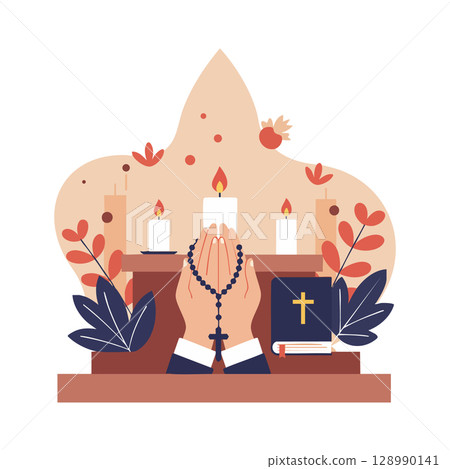 Hands holding rosary beads praying with candles and holy bible on altar vector illustration Hands holding rosary beads praying with candles and holy bible on altar vector illustration 128990141
