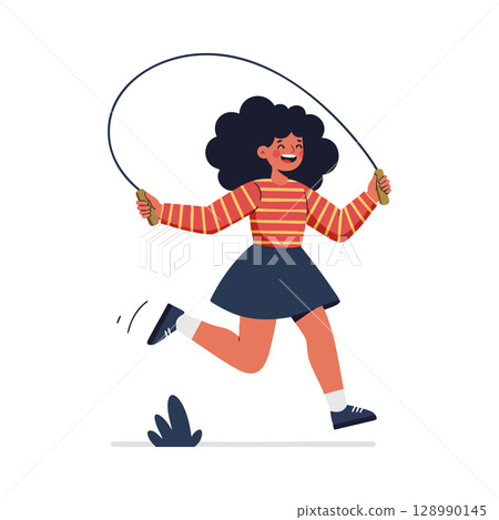 Girl jumping rope outdoors with curly hair and striped shirt vector illustration Girl jumping rope outdoors with curly hair and striped shirt vector illustration 128990145