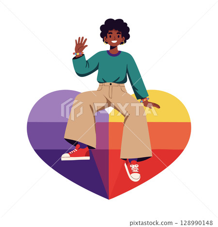 Young person sitting on colorful heart shape with casual clothes and sneakers vector illustration Young person sitting on colorful heart shape with casual clothes and sneakers vector illustration 128990148