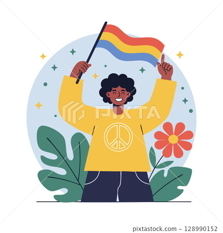 Person holding rainbow flag with peace symbol on yellow sweater in nature background vector illustration 128990152