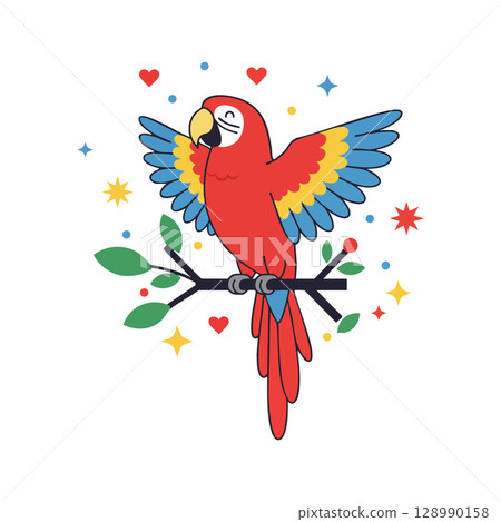 Red parrot with colorful wings sitting on branch with hearts and stars vector illustration Red parrot with colorful wings sitting on branch with hearts and stars vector illustration 128990158