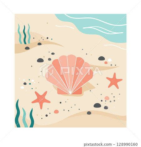 Seashell and Starfish on Sandy Beach with Ocean Waves Vector Illustration 128990160