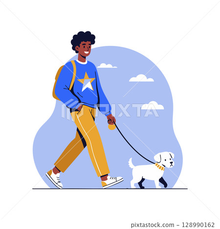 Man Walking Small Dog Outdoors in Casual Clothes Blue and Yellow Color Vector Illustration 128990162