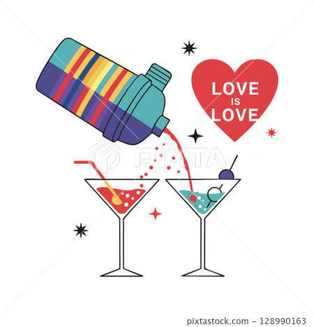 Cocktail shaker pouring drinks into two glasses with love is love heart symbol vector illustration Cocktail shaker pouring drinks into two glasses with love is love heart symbol vector illustration 128990163