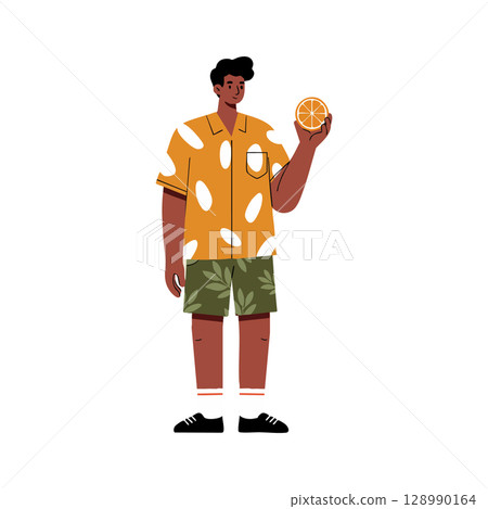 Man holding orange slice wearing orange shirt and green shorts summer style vector illustration 128990164