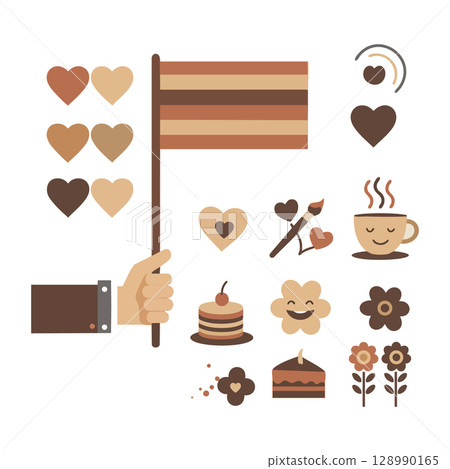 Hand holding striped flag with hearts cake coffee and flowers in brown tones vector illustration Hand holding striped flag with hearts cake coffee and flowers in brown tones vector illustration 128990165