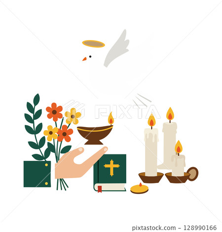 Dove with halo holding flowers and candles in hand with bible religious vector illustration 128990166