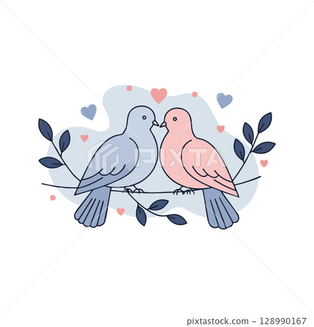 Two Love Birds Sitting on Branch with Blue and Pink Colors Romantic Vector Illustration Two Love Birds Sitting on Branch with Blue and Pink Colors Romantic Vector Illustration 128990167