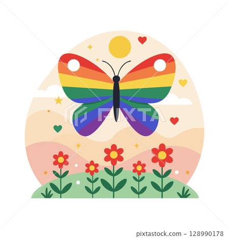 Rainbow butterfly flying over red flowers with sun and hearts vector illustration Rainbow butterfly flying over red flowers with sun and hearts vector illustration 128990178
