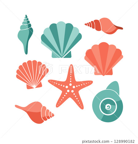 Collection of colorful seashells and starfish in coral and teal vector illustration 128990182