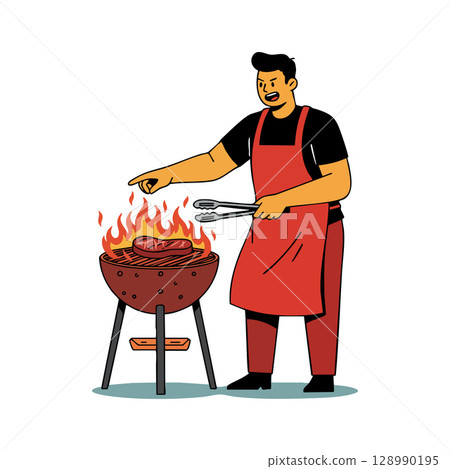 Man grilling steak on barbecue with flames outdoor cooking vector illustration 128990195