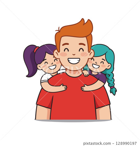 Happy father with two smiling daughters hugging him affectionate family illustration 128990197