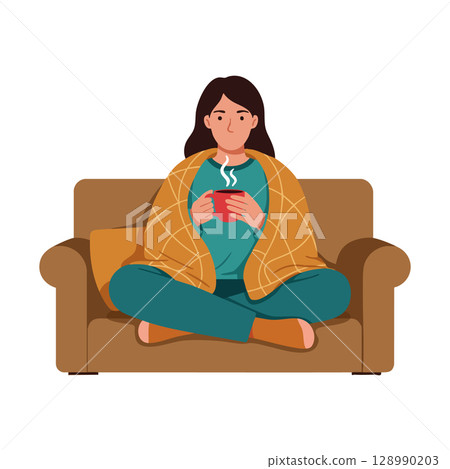 Woman wrapped in orange blanket drinking hot tea on brown sofa relaxing indoors vector illustration 128990203