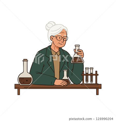 Elderly female scientist conducting chemistry experiment with lab glassware vector illustration Elderly female scientist conducting chemistry experiment with lab glassware vector illustration 128990204
