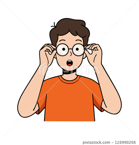 Boy adjusting glasses surprised expression orange shirt vector illustration 128990208