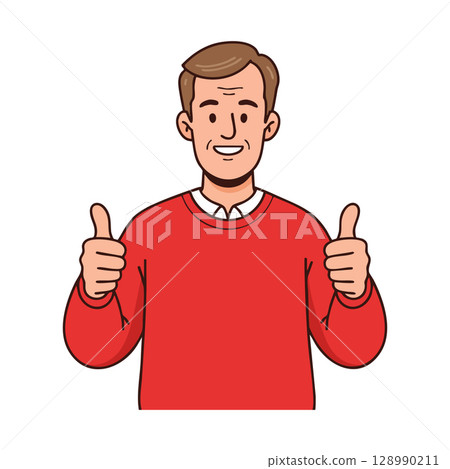 Man Wearing Red Sweater Showing Thumbs Up Gesture Vector Illustration Smiling Positive Attitude Man Wearing Red Sweater Showing Thumbs Up Gesture Vector Illustration Smiling Positive Attitude 128990211
