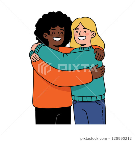 Two friends hugging in casual clothing embracing with smiles and happiness Two friends hugging in casual clothing embracing with smiles and happiness 128990212