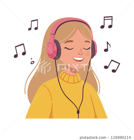 Young woman listening to music with pink headphones and yellow sweater vector illustration 128990214