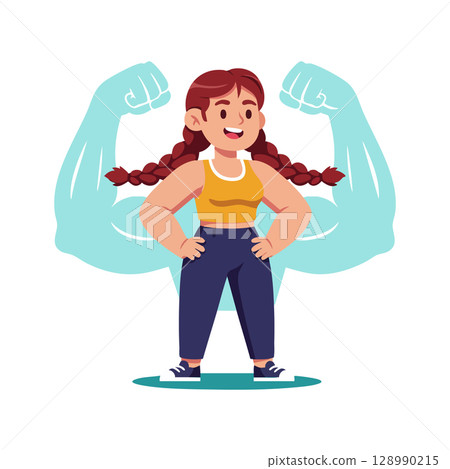 Strong confident young woman with flexing muscles illustration empowering female strength vector Strong confident young woman with flexing muscles illustration empowering female strength vector 128990215