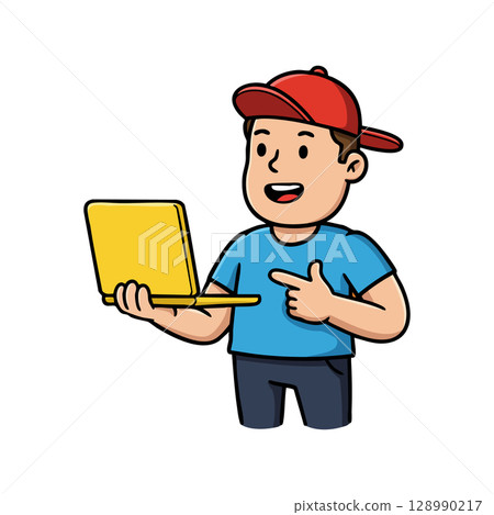 Boy with red cap holding yellow laptop pointing at screen vector illustration 128990217