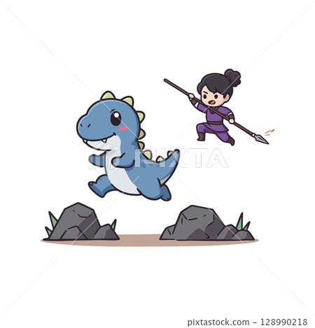 Cute blue dinosaur and ninja girl jumping over rocks vector illustration playful action scene 128990218