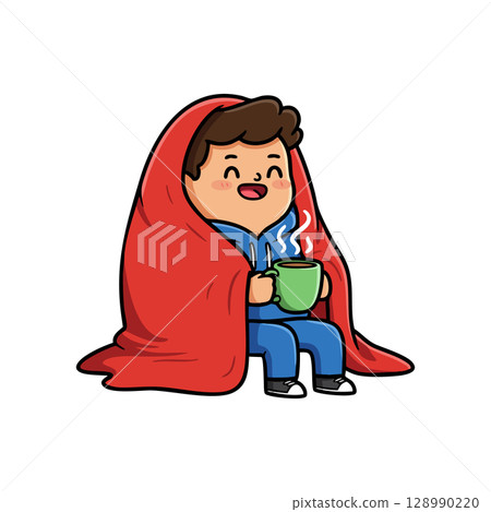 Child wrapped in red blanket holding hot green cup cozy winter vector illustration 128990220