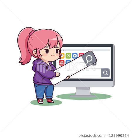 Young girl holding search bar in front of computer monitor with social media icons vector illustration 128990224