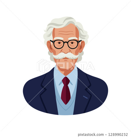 Elderly man with white hair mustache glasses formal suit vector illustration portrait 128990232