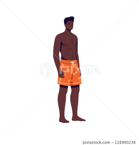 Dark skinned man wearing orange floral swim shorts standing barefoot vector illustration 128990236