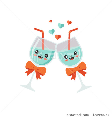 Two Cute Cartoon Glasses Clinking with Orange Bows and Hearts Vector Illustration 128990237