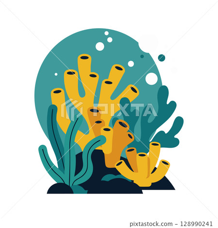 Yellow coral reef tube sponges surrounded by green seaweed underwater vector illustration 128990241