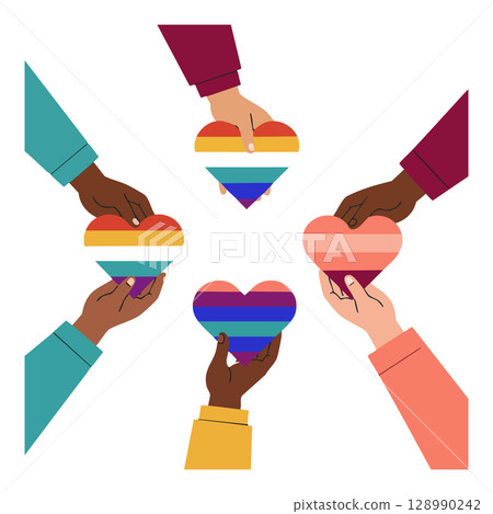 Diverse hands holding LGBTQ pride and love hearts symbols in unity vector illustration 128990242