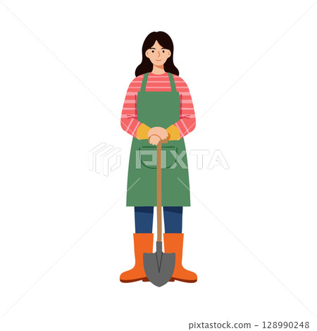 Female Gardener Standing Holding Shovel Wearing Green Apron and Orange Boots Vector Illustration Female Gardener Standing Holding Shovel Wearing Green Apron and Orange Boots Vector Illustration 128990248