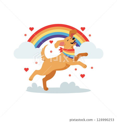 Happy dog jumping with rainbow and hearts cute cheerful pet illustration vector Happy dog jumping with rainbow and hearts cute cheerful pet illustration vector 128990253