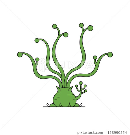 Green alien plant with multiple tendrils and round tips in vector style illustration Green alien plant with multiple tendrils and round tips in vector style illustration 128990254