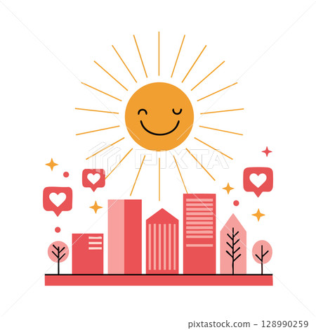 Smiling sun shining over pink cityscape with heart social media icons vector illustration 128990259