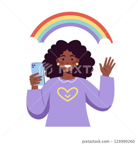 Cheerful girl with smartphone and rainbow in the background for positive vibes Cheerful girl with smartphone and rainbow in the background for positive vibes 128990260