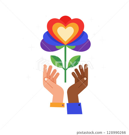 Hands holding rainbow heart flower symbolizing love diversity and unity vector illustration Hands holding rainbow heart flower symbolizing love diversity and unity vector illustration 128990266