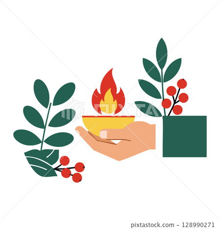 Hand Holding Diya Lamp with Green Leaves and Red Berries Vector Illustration Hand Holding Diya Lamp with Green Leaves and Red Berries Vector Illustration 128990271