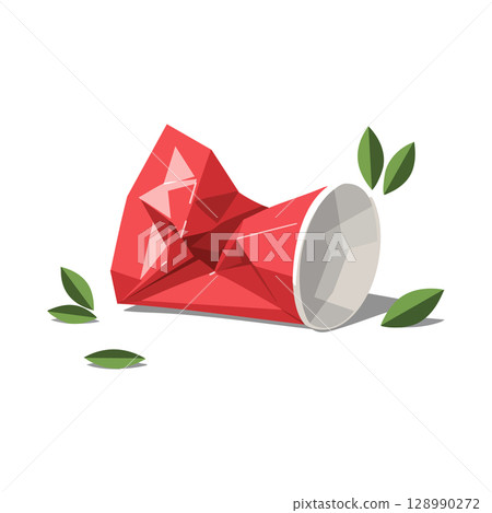 Crumpled Red Paper Cup with Green Leaves Littering Environment Pollution Vector Illustration Crumpled Red Paper Cup with Green Leaves Littering Environment Pollution Vector Illustration 128990272