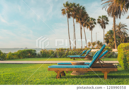 A row of lounge chairs are set up on a lawn next to a body of water 128990358