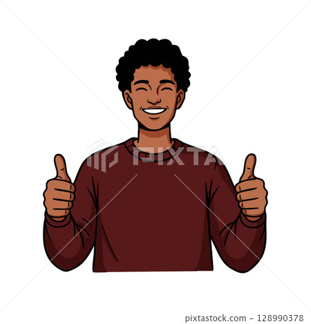 Young man showing double thumbs up with cheerful smile in maroon sweater vector illustration Young man showing double thumbs up with cheerful smile in maroon sweater vector illustration 128990378