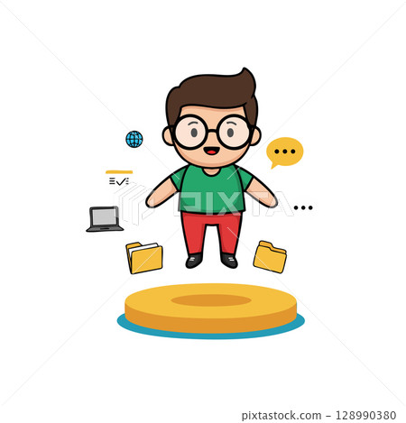Cartoon young man communicating with laptop folder icons and internet symbols vector illustration Cartoon young man communicating with laptop folder icons and internet symbols vector illustration 128990380