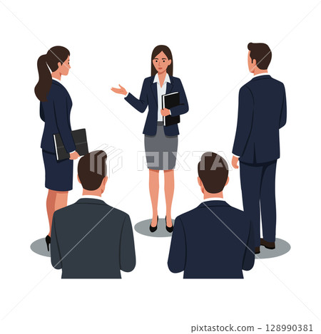 Businesswoman Leading Meeting with Male and Female Colleagues in Professional Attire Vector Illustration 128990381