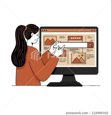 Woman Using Computer for Online Search and Browsing in Modern Workspace Vector Illustration Woman Using Computer for Online Search and Browsing in Modern Workspace Vector Illustration 128990382