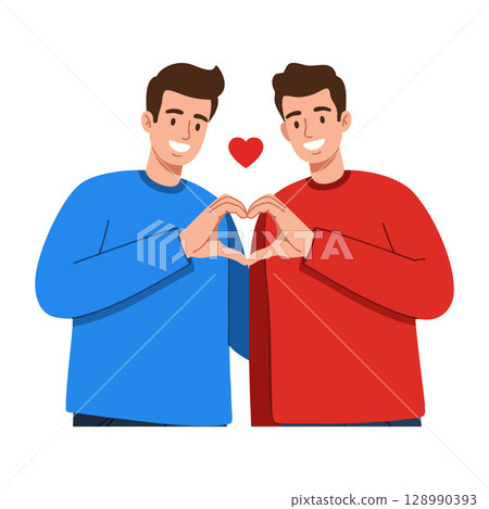 Two smiling men forming heart shape with hands in red and blue sweaters vector illustration Two smiling men forming heart shape with hands in red and blue sweaters vector illustration 128990393